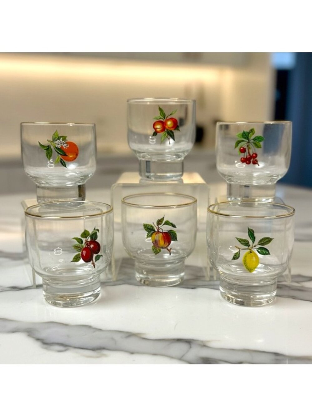 Vintage Fruit-Themed Juice Glasses Set Of 6 With Gold Rim 3.5" Tall And 2.75" Di